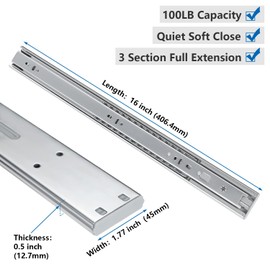 homdiy 10 Pairs Soft Close Drawer Slides 16 Inch - Heavy Duty Full Extension Drawer Slide Ball Bearing Slides for Cabinets, 100 LB Capacity
