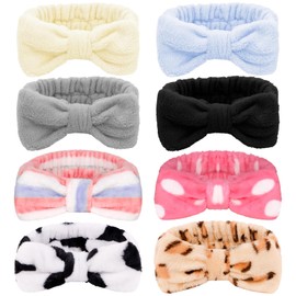 Ondder 8 Pack Spa Headband for Washing Face Makeup Skincare Headbands Facial Headbands Fluffy Spa Shower Cosmetic Face Wash Solide Color Leopard Polka Dot Headbands Head Bands for Women Girls