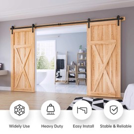 EaseLife 14 FT Double Door Sliding Barn Door Hardware Track Kit,Basic J Pulley,Heavy Duty,Slide Smoothly Quietly,Easy Install (14FT Track Kit for Double 42" Wide Door)