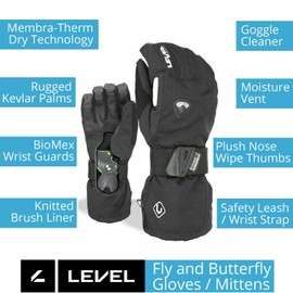 Level Butterfly Women's Snowboard Mittens with Wrist Guards, Proven BioMex Design, Kevlar Palms, Removable Liner (Black, Medium/Large (8.5.in))