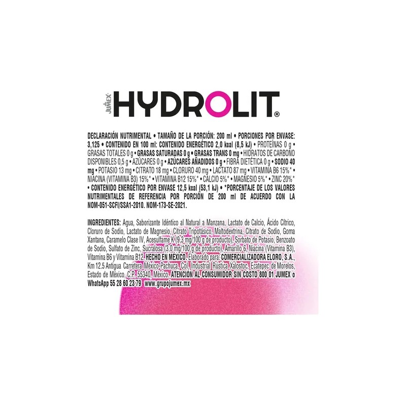 Jumex Hydrolit Manzana, Sin Azúcar, Electrolitos 12pz, 625ml