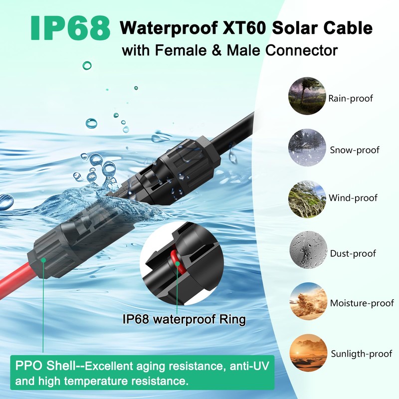Hiutgowt 12AWG XT60 Solar Cable 10FT, Solar to Charging Cable