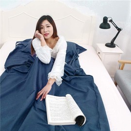 Qchomee Travel Sleeping Bag Liner Portable Camping Bed Sheet Adult Kids Cotton Double Sleep Bag with Pillow Pockets Lightweight Prevent Dirty for Hostels,Trains (Double Navy (160x210cm))