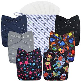 wegreeco Washable Reusable Baby Cloth Pocket Diapers 6 Pack + 6 Bamboo Inserts (with 1 Wet Bag,Boy Prints)