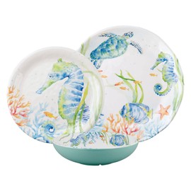 UPware 12-Piece Melamine Dinnerware Set, Includes Dinner Plates, Salad Plates, Bowls, Service for 4. (Sea Life Serenade)