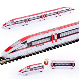 VBACALA Set of 4 Children's Railway Toy Railway Toy, Train with Magnetic Connection Trains for Wooden Rails, Locomotive with Retraction Force, 2 Locomotives Compatible with Magnetic Train Wagons