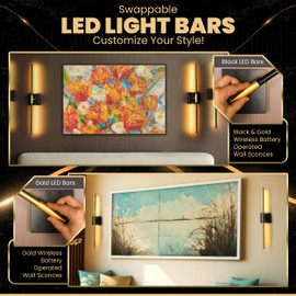 Battery Operated Wall Sconces Set of 2 with Interchangeable Black/Gold LED Bars, 2 Styles, 28 Inch, 10000mAh Long Lasting Rechargeable Battery, Magnetic Mount, 360° Rotating, Dimmable, Remote Control
