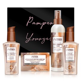 Zomac Womens Skin Care Gift Set, Pamper Yourself or Friend with Ambi Daily Facial Essentials, Black Soap, Facial Cleanser, Toner, and Facial Moisturizer with Satin Bonnet and Shower Cap with Gift Box