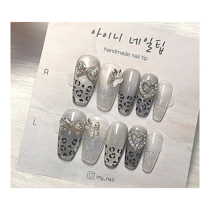 [In storeSuper special discount]Silver leopard leather high-quality mood handmade nail