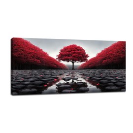 Black And Red Tree Wall Art Zen Stone Canvas Prints Pictures Large Red Tree Forest Landscape Wall Decor Modern Framed Artwork for Living Room Bedroom Office Spa Yoga 60"x30"