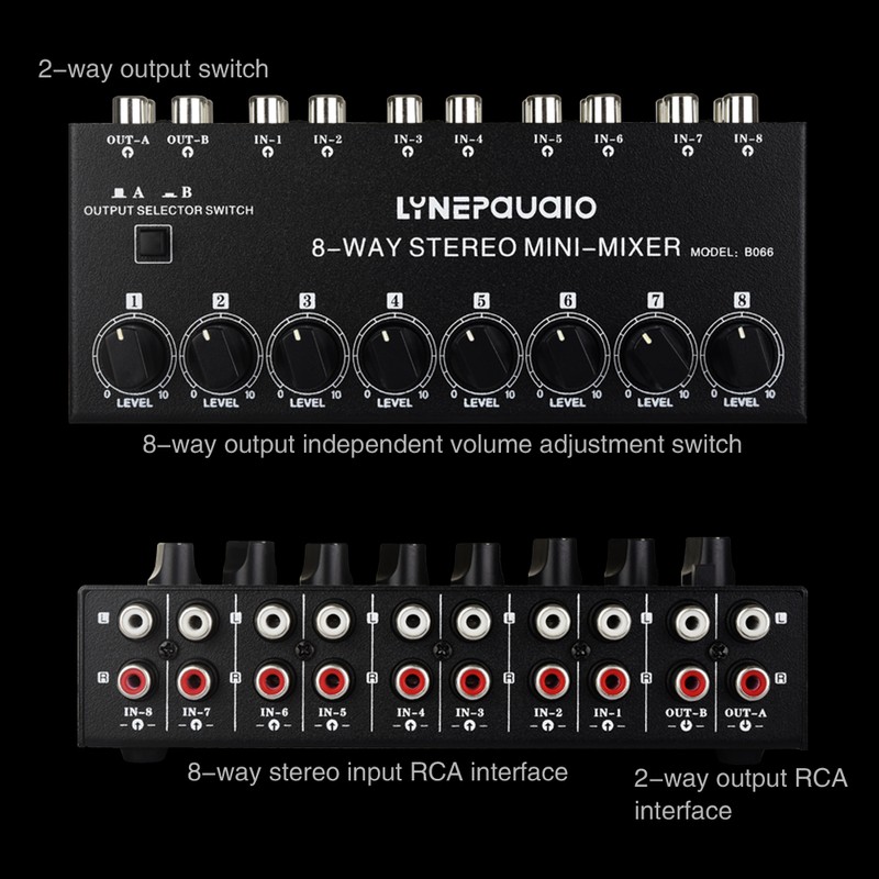 LYNEPAUAIO B066 Mini Stereo 8 Channel Passive Mixer RCA Portable