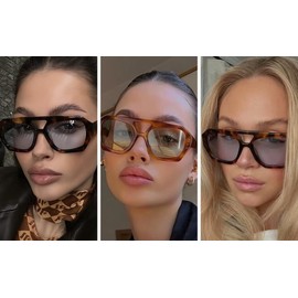 YAMEIZE 70s Retro Double Bridge Pilot Sunglasses for Women Men Classic Hexagonal Sunglasses Space Glasses Driving, Leopard Light Grey