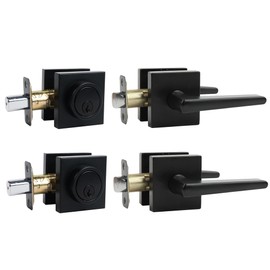 Deadbolt Lock And Door Knob Set, Exterior Door Lock Set With Deadbolt, Square Door Knobs Exterior And Deadbolt Set, Heavy Duty Entry Door Lever With Single Cylinder Deadbolt, (Matte Black 2Pack)