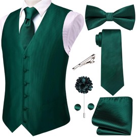 Hi-Tie Men's Striped Silk Vest Bowtie Set forest Green Formal Suit Vest Jacquard Tie Handkerchief Cufflinks 5PCS Dress Waistcoats Wedding