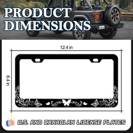 Black White Butterfly License Plate Frames - 2 Pack Butterflies Floral License Plate Holder Covers,Stainless Steel Rust-Proof Waterproof Car Decorative Tag Frame for Standard US 12x6 Inch