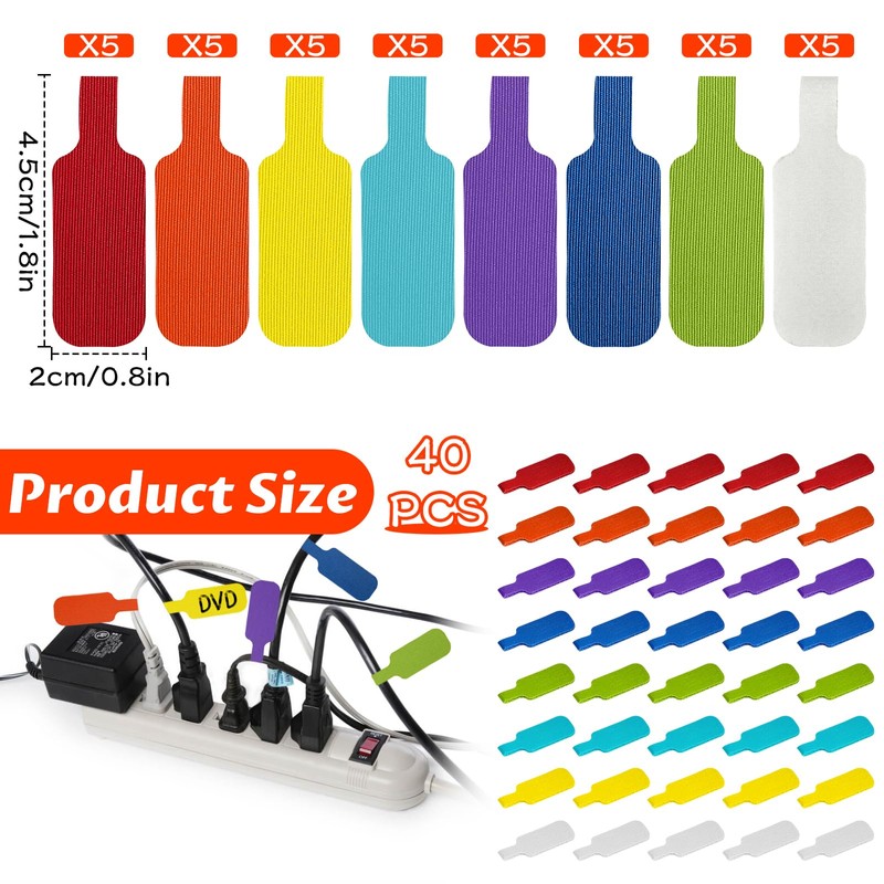 Alovez Pack of 40 Cable Labels, Cable Labelling, Reusable, Multicoloured