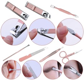 Nail Clippers and Manicure Set - 7-in-1 Stainless Steel Grooming Kit with Eyebrow Scissors, Tweezers, Nail File, and Clippers in Pink PU Leather Case for Travel & Home Use