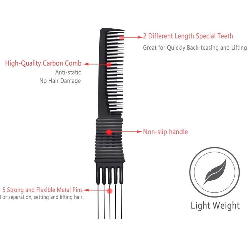 2pcs Professional Salon Teasing Back Comb, Black Carbon Comb by