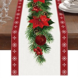 Red Christmas Table Runner 183 x 33cm, Christmas Table Runner Safflower, Red Linen Table Runner with Red Flower Christmas Tree Bells Print Table Runner for Xmas Santa Table Centrepiece Decorations