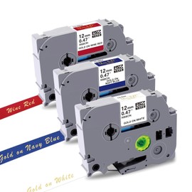 UNOKA 3X Satin Ribbon Label Tapes Compatible for Brother P-Touch Tze TZ TZe-R234 TZe-RN34 TZe-RW34, Gold on White/Navy/Red for P Touch Embellish PT-H200 PT-1000 1005 D210 E110 GL-H105, 12mm x 4m