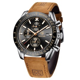 BY BENYAR Mens Watches Analog Quartz Chronograph Waterproof Luminous Men's Wrist Watches Business Work Sport Casual Fashion Brown Leather Band Dress Watch Elegant Gifts for Men Father's Day