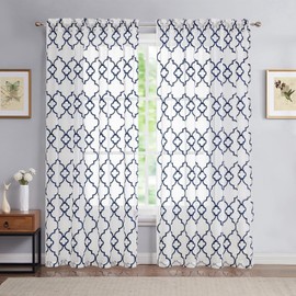 Urban Lotus Moroccan Embroidered Curtains for Kids 63-inches Long White and Blue Linen Textured Semi Sheer Curtains Navy Geometric Lattice Tile Embroidery Pattern Drapes, Rod Pocket, 52" Wide 1 Pair