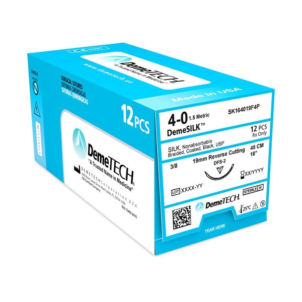 DEMETECH DemeSILK Synthetic Non-Absorbable Silk Suture, DFS-2, 19mm, 3/8 Circle,