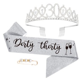 30th Birthday Sash and Tiara, Finally 30 Birthday Rhinestone Crown Birthday Gift for Girls 30th birthday decorations Silver
