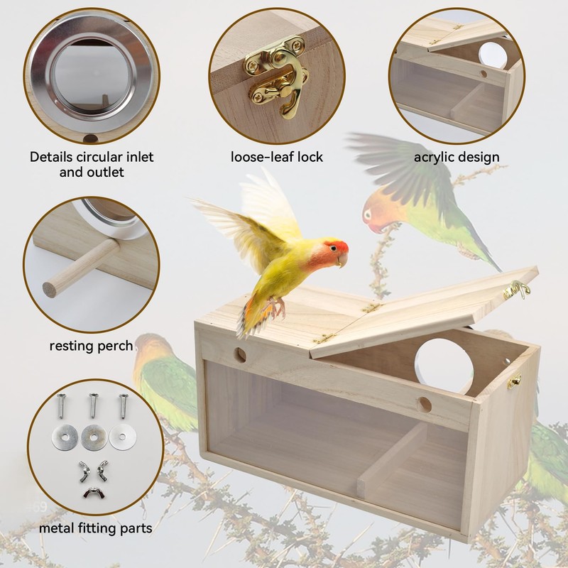 MUYG Natural Wood Bird Nesting Box,Acrylic Parakeet Nesting Box Transparent