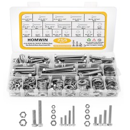 Homwin 255Pcs Stainless Steel Bolts and Nuts Kit, 1/4-20, 5/16-18, 3/8-16 Hex Bolt and Nut Set, Assorted Screw Assortment Kit Silver