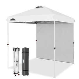 EAGLE PEAK Pop Up Canopy Tent with 1 Sidewall, Easy Setup Event Tent, Outdoor Sun Shade, Wheeled Carry Bag, Stakes and Guy Ropes, Instant Canopy 6.6x6.6, White