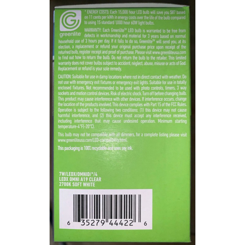 Greenlite Lot of 4 Greenlite DIMMABLE FILAMENT Led 7W (60W