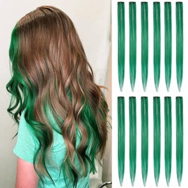 EXTACIO 12pcs Clip in Green Hair Extensions Mix tinsels,22 Inch Colored Hair Extensions,2 in 1 Rainbow Hair with Silver Tinsels,Kids Hair Extensions,Colorful Party Highlights for Kids Girls