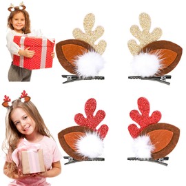 2 Pairs Christmas Hair Clips, Christmas Reindeer Antlers Hair Bobbles Hair Accessories Cute Pom Pom Hairpin Hair Barrettes Ornament Xmas Party Accessories for Girls Kids Women (Brown)