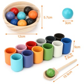 Royouzi Montessori Wooden Toy, Montessori Ball Sorting Game, Wooden Sorting Stacking Toy, Montessori Toy with 12 Balls for Colour Sorting and Counting, Gift from 2 3 4 5 Years