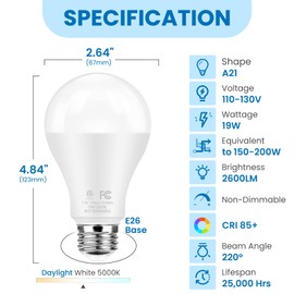 QQLXST Super Bright A21 LED Light Bulbs, 150 Watt 200 Watt Equivalent, 5000K Daylight White, High Lumen 2600lm, E26 Base, Non-Dimmable, 19W Energy Saving Bright LED Bulbs for Home & Office, 6-Pack