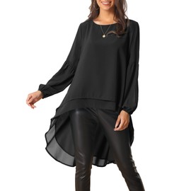 Seta T Women's High Low Tops Lantern Long Sleeve Round Neck Dressy Casual Chiffon Asymmetrical Tops Blouse X-Large Black
