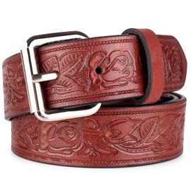 Genuine Full Grain Western Engraved Tooled Leather Belt Strap or Belt 1-1/2" w/Snaps for Interchangeable Buckles,USA, Mahogany Brown Floral, 30