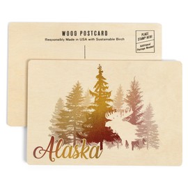 Alaska, Vector Moose and Trees (4x6 Birch Wood Postcards, 2-Pack Stationary, Rustic Home Wall Decor)