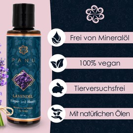 Panu Natural Massageöl Lavendel - Pflegendes Körperöl zum Massieren - Hautöl mit feuchtigkeitsspendender Wirkung - Premium Body Oil - Veganes Massage Öl zum Entspannen