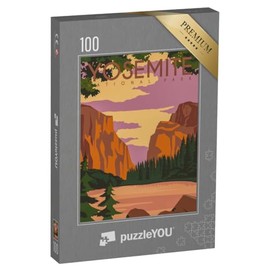 puzzleYOU: Yosemite National Park Central California, USA Vintage Illustration Jigsaw Puzzle 100 Piece