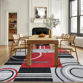 GarveeHome Area Rug 4x6 Washable Rugs for Living Room Modern Abstract Circle Rugs Non Slip Long Rug Stain Resistant Low Pile Indoor Floor Carpet for Bedroom Home Decor, Red