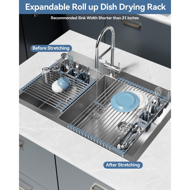 LIONONLY Expandable Roll Up Dish Drying Rack, 304 Stainless Steel