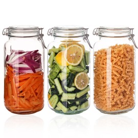78oz Glass Food Storage Jars with Airtight Clamp Lids, 3 Pack Wide Mouth Large Kitchen Canisters for Flour, Cereal, Beans, Pasta and Canning, Square Mason Jar with Labels