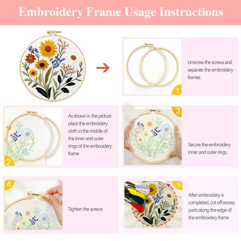 Zhenqing Sunflower Daisy Embroidery Kit for Beginners, Floral Needlework Kit
