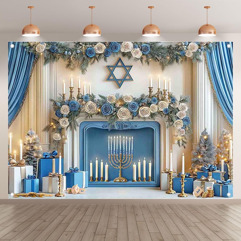 Swepuck 7x5ft Fabric Happy Hanukkah Blue and White Photography Backdrop