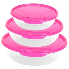 Pack of 3 Round Food Storage Containers Clear Plastic with Lid for Food in Pink