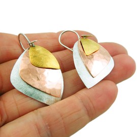 Solid 925 Silver and Copper Triple Drop Earrings
