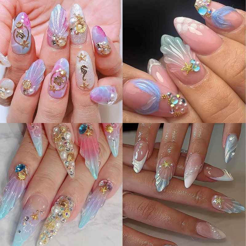 ROFIBUT Summer Nail Charms Pearls Seashell Starfish Gold Nail Rhinestones