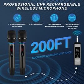 UHF Rechargeable Wireless Microphone for Singing with Handbag, Metal Handheld Dynamic Mic with Receiver, Karaoke Microphone Wireless for Speaker, Dj, 200ft Range of Cordless Mic 2 Pack Set Portable